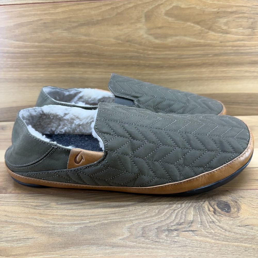 Olukai Hano Hano Slippers Mens 12 EU 45 Green Quilted Canvas Sherpa Fur Lined